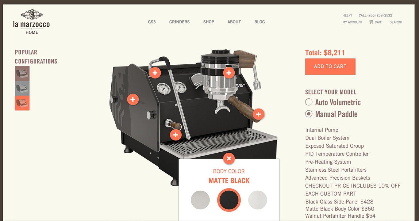 The site offers a range of aesthetic customizations. Note the price. (Photo: courtesy La Marzocco.)
