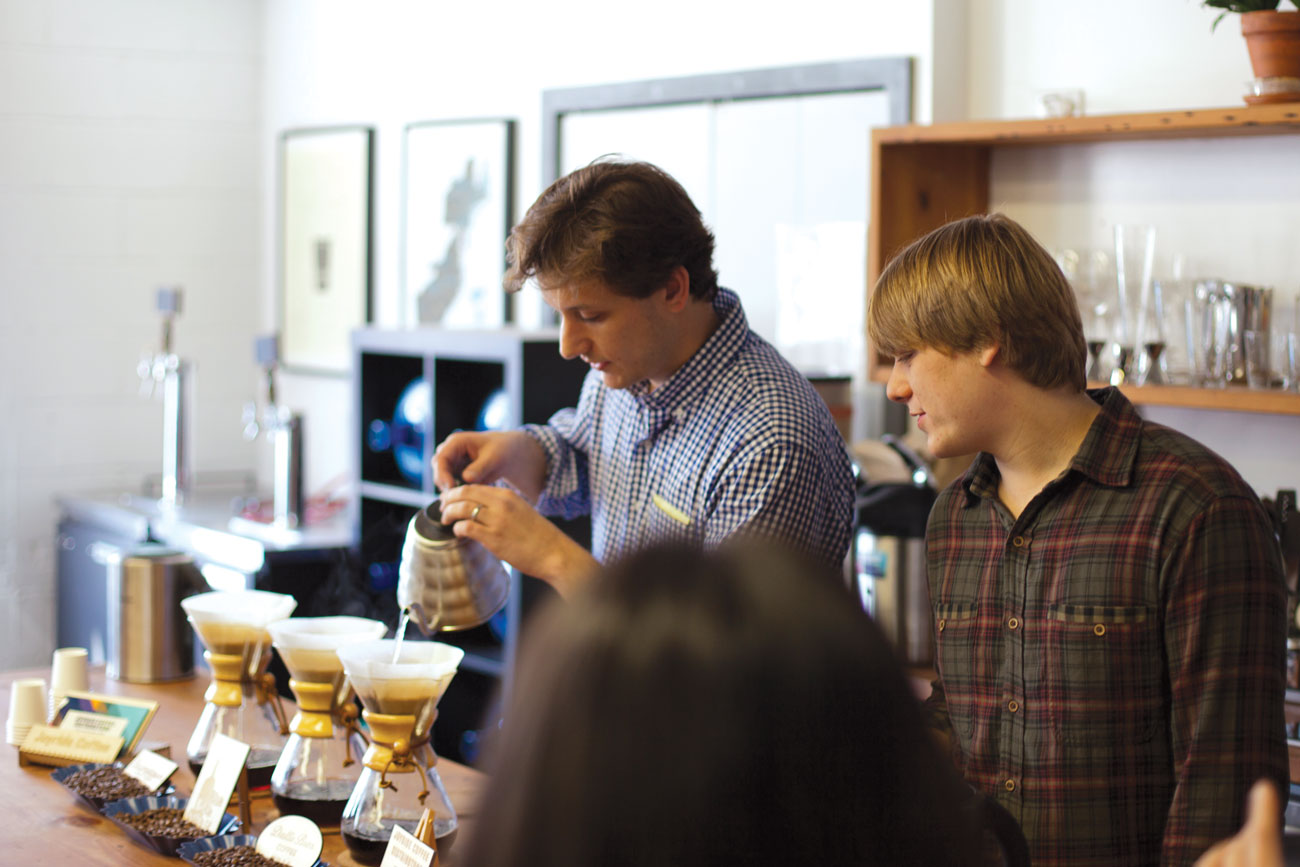David and Noah Belanich prepare coffee at the offices of Barrel, a web design and development company in New York City. (Photo: courtesy Joyride.)
