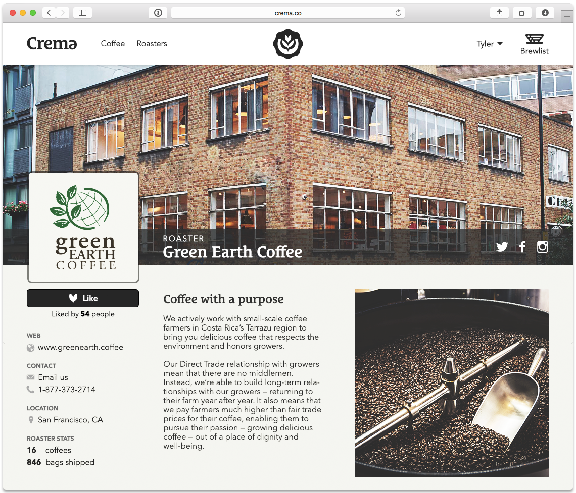The crema.co Roaster page.