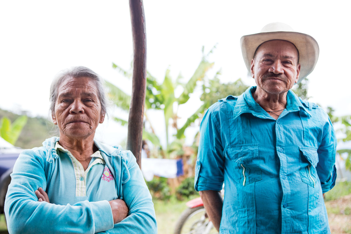Neighbors Diocelina, sixty-eight, and Alfredo de Jesus Lopez, seventy, farm coffee on a plot down the road from the Salas Higuitas. 