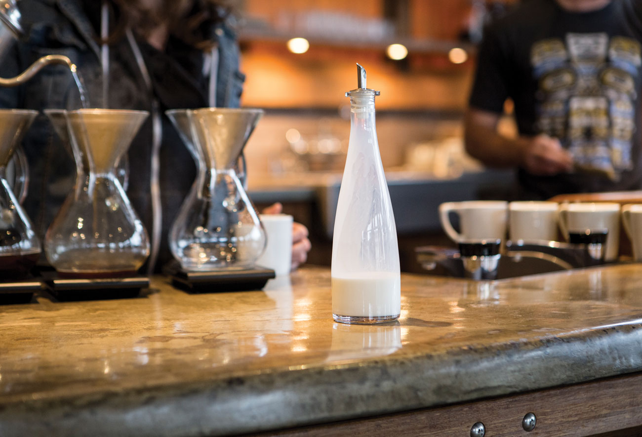 Milk is offered by request at Coava Coffee Roasters café in Portland. Above, the condiment bar at Birch Coffee in Manhattan. (Both photos: Cory Eldridge.)