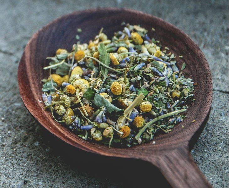 Chamomile and lavender herbal tisane; farm-to-table tea.