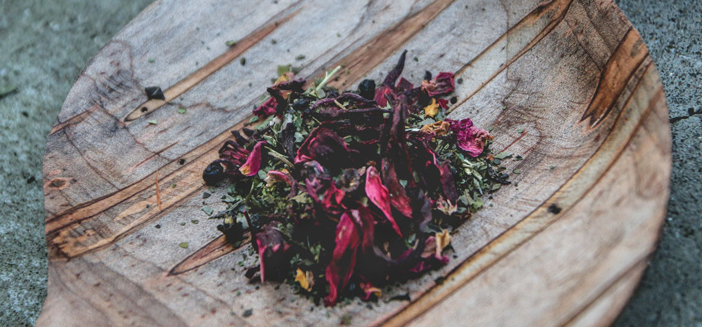 North America's only native tea-like plant, yaupon, blended with blackberry leaf, elderberry, hibiscus, roselle, and rose hips and petals; farm-to-table tea.