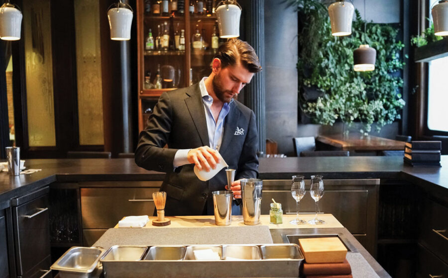 Jeff Ruiz of Atera restaurant in New York City mixes an iced matcha cocktail