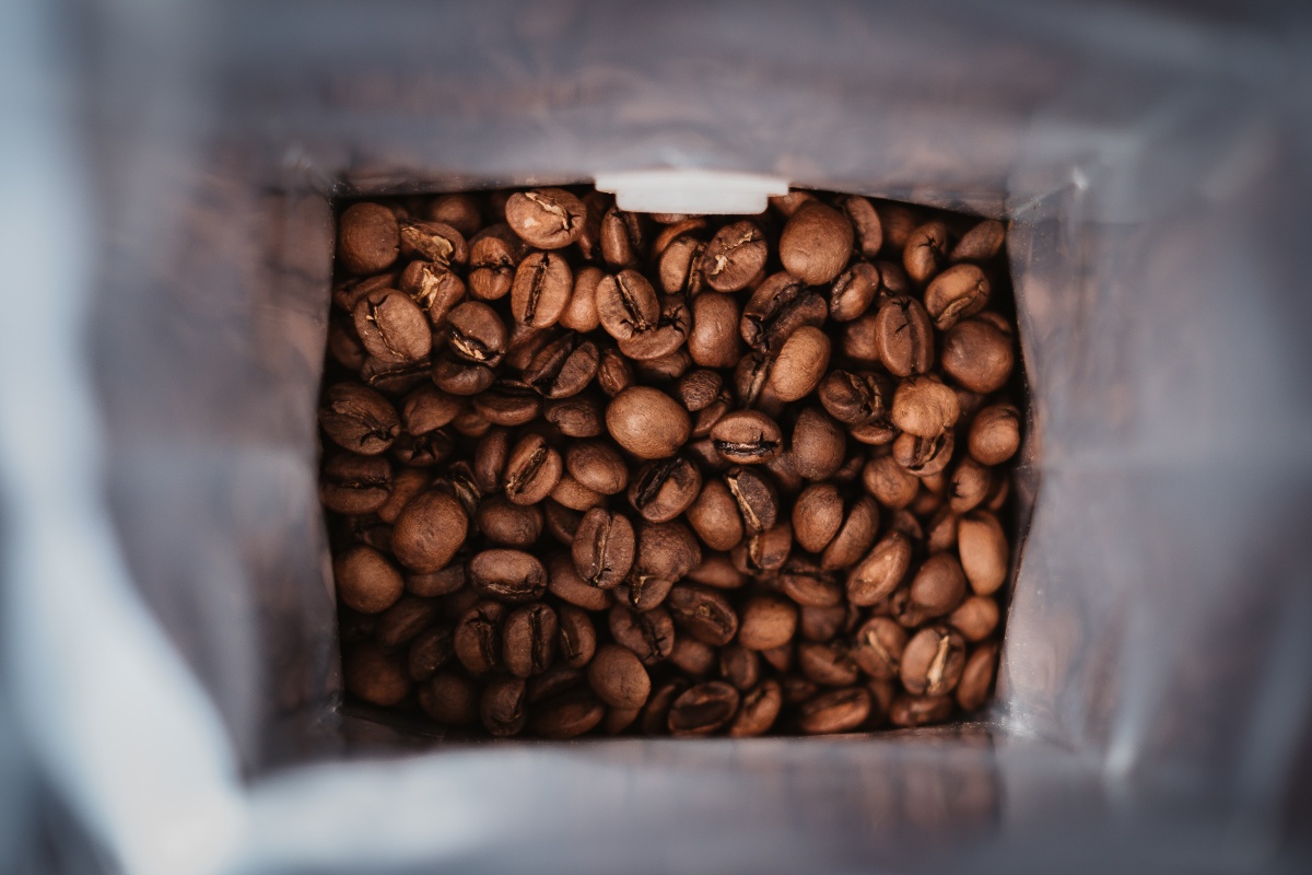a bag of coffee with a one-way value to demonstrate freshness